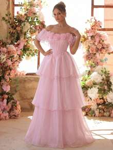 Glamrae Đầm dạ hội sang trọng, thanh lịch màu hồng phối satin và organza, thêu hoa 3D thủ công, tay trễ vai, dáng rộng với vạt dài, thích hợp cho nữ. - Màu Hồng baby - Xem 6