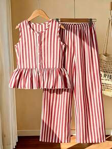 SHEIN Tween Girl Striped Ruffle Hem Sleeveless Top And Pants 2 Pieces Set - Multicolor - View 7