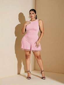 SHEIN BAE Plus Size Women Sleeveless Mesh Dress, Spring/Summer - Baby Pink - View 8