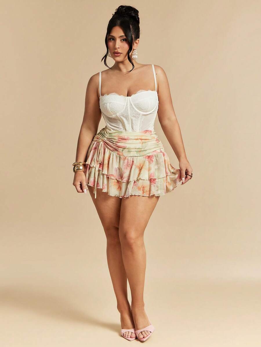 SHEIN BAE Jupe à volants à fleurs jaunes pour grandes tailles - Jaune citron - Voir 1