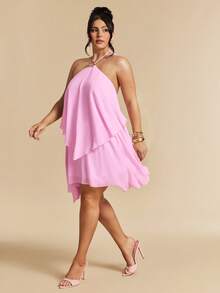 SHEIN BAE Plus Size Women's Summer Elegant Boho Western Wedding Cocktail Vacation Guest Lilac Halter Neck Metal Buckle Decor Double Layer Ruffle Mini Dress - Pink - View 5