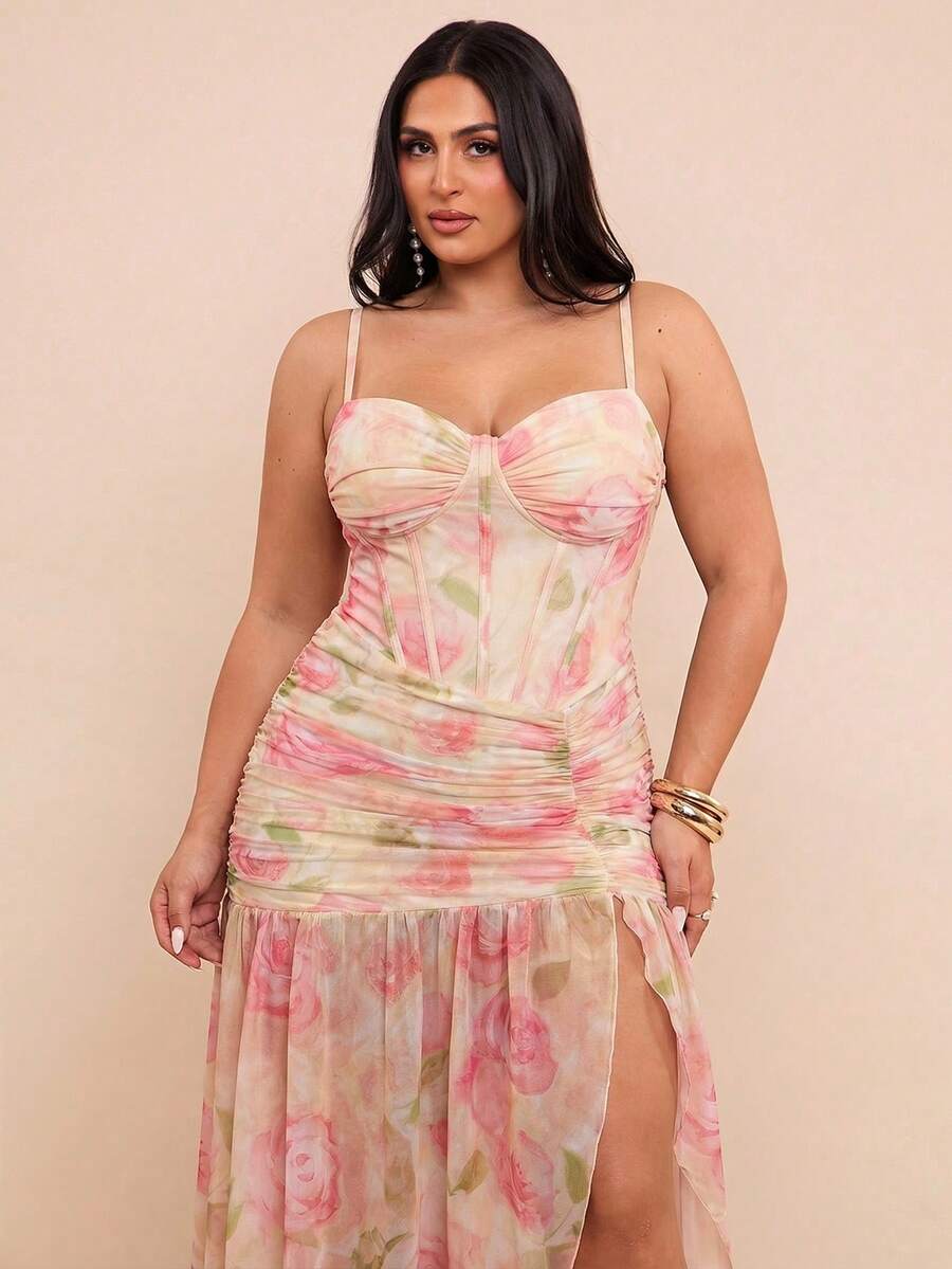 SHEIN BAE Gaun Wanita Ukuran Besar Warna Hijau dengan Tali Bahu Tipis, Belahan, dan Detail Kerut, Elegan untuk Awal Musim Gugur - Kuning muda - View 1