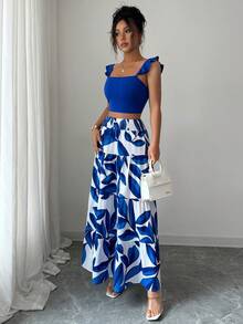 SHEIN PETITE Women's Summer Vacation Beach Outfit, Sleeveless Top With Leaf Print And Skirt 2 Pieces Set - Blue - View 3