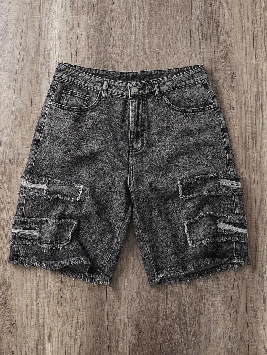 Manfinity Joysei 男士夏季黑灰色牛仔阔腿短裤 - 灰色 - 查看 1