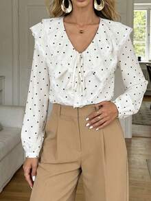 SHEIN PETITE Mẫu áo sơ mi cổ bẻ tay dài, viền bèo nhún và điểm nhấn thắt nơ, phối bèo nhún tương phản, kiểu dáng đơn giản, thoải mái, thích hợp cho công sở. - trắng - Xem 6