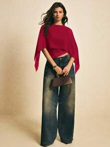 Poéselle Áo nữ cổ tròn màu trơn kiểu khăn choàng thời trang - Màu Hoa hồng đỏ - Xem 2