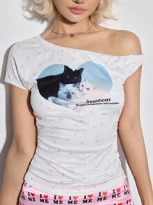Kawaii Spring/Summer Vacation Cute Cat & Polka Dot Print Asymmetrical Shoulder Twist Sleeve T-Shirt, Suitable For Summer Beach, Graduation Ceremony, Music Festival, Concert, Date, Vacation And Other Occasions - White - View 3