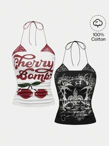 ROMWE Spring/Summer Graphic 2 Pieces Set: Vintage Cherry Print & Punk Floral Contrast Lace Halter Neck Top - Multicolor - View 1