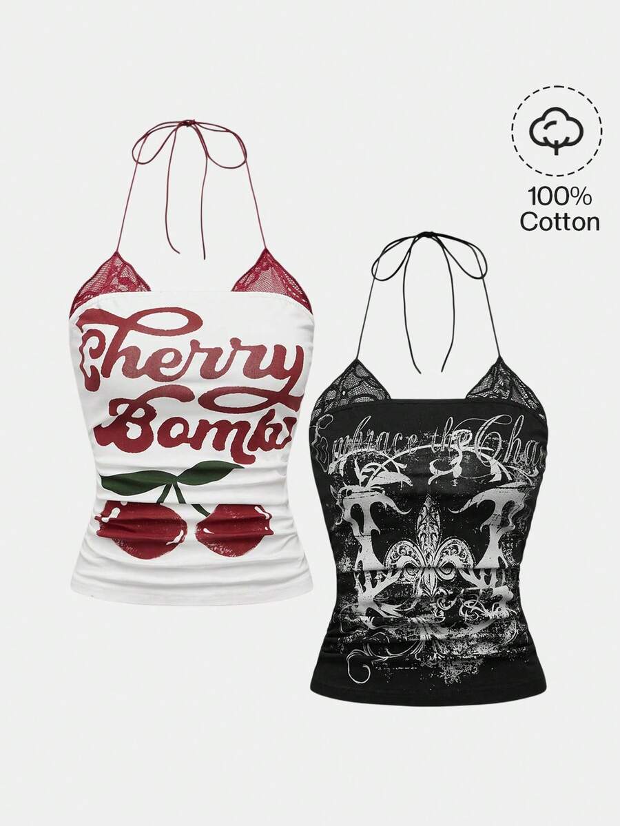 ROMWE Spring/Summer Graphic 2 Pieces Set: Vintage Cherry Print & Punk Floral Contrast Lace Halter Neck Top - Multicolor - View 1
