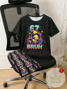 两件套青少年男童黑色圆领短袖上衣，印有 67BRUH 字样，搭配荧光图案短裤，弹力针织面料，舒适贴身睡衣套装 - 黑色 - 查看 5