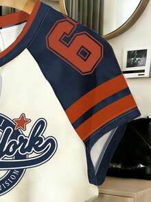 Teen Girls Colorblock Baseball Style Letter Print Round Neck Short Sleeve Pocket Shorts 2-Piece Set New York 67 - Multicolor - View 4