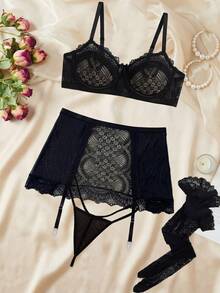 Set de lencería con encaje floral con aro con liga - Negro - Ver 4