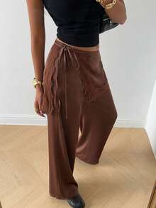 SHEIN EZwear Pantalones casuales de mujer con parches de encaje anudado en color café - Café integral - Ver 3
