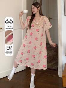 DAZY Floral Print Lace Ruffle Trim Sweet Women Nightgown - Dusty Pink - View 1