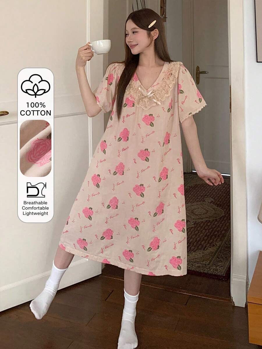 DAZY Floral Print Lace Ruffle Trim Sweet Women Nightgown - Dusty Pink - View 1