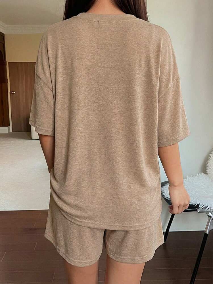 2pcs Women Casual Knitted Letter Decor Loose Short Sleeve T-Shirt And Shorts Pajama Set, Summer