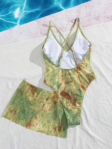 Swim SXY 2件套女士新款随机印花可调节肩带连体衣和短网纱裙，性感优雅度假前卫简约派对连体泳衣 - 彩色 - 查看 4