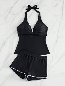 Swim Lushoire Women's Solid Color 2 Pieces Spaghetti Strap Camisole Bikini Set With Criss-Cross Front Design, Comfortable & Suitable For Summer Beach Vacation - Black - View 5