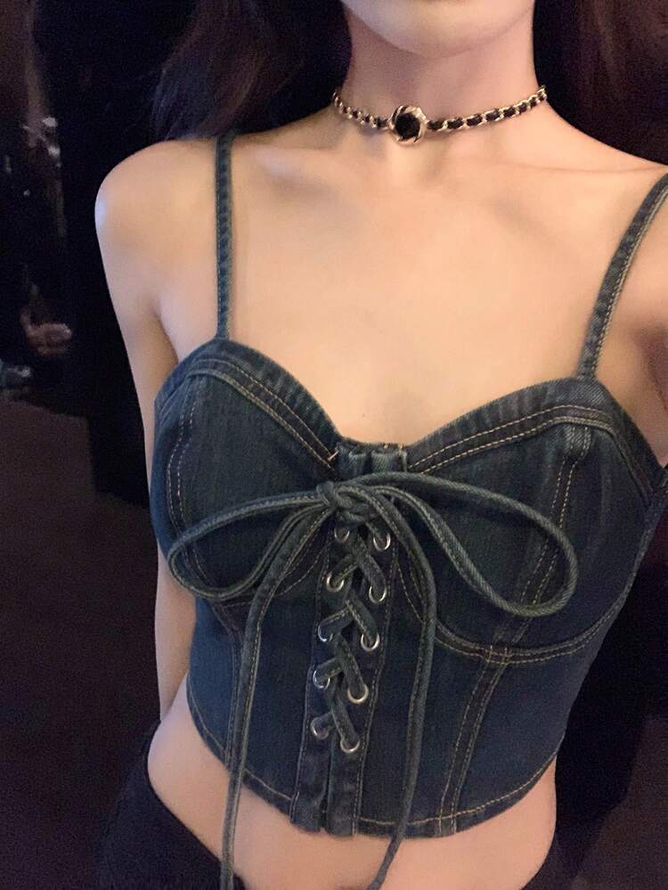 Women's Tie-Up Strap Washed Vintage Street Style Denim Camisole Top