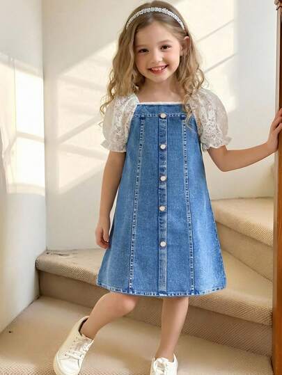 SHEIN Elladie kids 女童优雅蝴蝶结装饰连衣裙，白色和蓝色，休闲户外度假沙滩裙