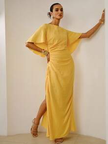 ZEYLAH Elegant Solid Color Side Cinched Waist Slit Dress - Yellow - View 7