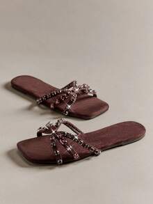 SHEIN Haute Women's Glass Rhinestone Casual Fashion Round Toe Flat Sandals With Straps Mother's Day Present For Christmas Valentine's Day - Chocolate Brown - View 7