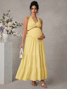 Momance Women Solid Color Twist Knot Halter Top & Tiered Maxi Dress 2-Piece Set,Yellow,Summer,Casual,Maternity,Photoshoot,Holiday Elegant Pregnancy Clothing - Yellow - View 5
