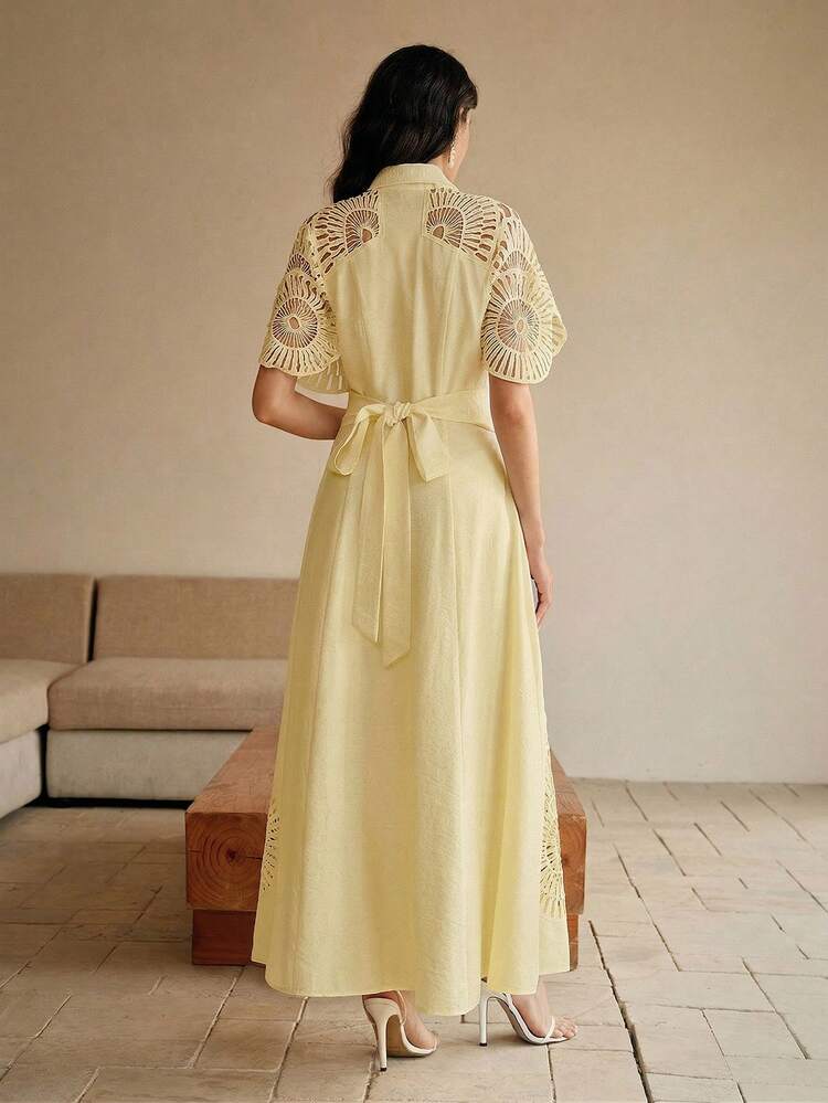 Elegant Yellow Lapel Open Front Short Sleeve Dress For Women, Spring/Summer, Hollow Out Splice Design, Suitable For Daily Wear And Vacation