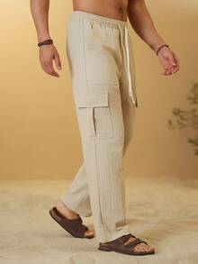 Palmeraft Men's Solid Color Drawstring Waist Casual Cargo Pants, Versatile For Daily Wear - Khaki - View 3