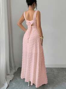 Elenzga New Sleeveless Square Neck Textured Knit Dress With Open Back Bow Tie Design, Elegant Fitted Party Dress - Dusty Pink - View 2