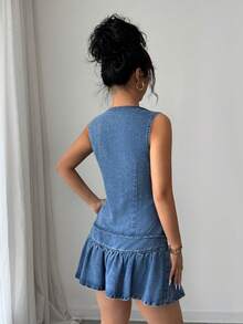 Elenzga 女士优雅甜美休闲无弹力牛仔套装，包括荷叶边下摆上衣和褶裥A字裙。 - 中等水洗藍 - 查看 2