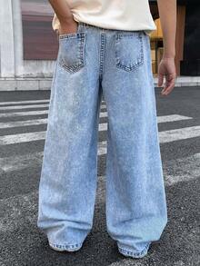 SHEIN 青少年男孩時尚返校街頭風混搭百搭設計 Y2k 街頭風 6-7 款大膽圖案彩色印花丹寧滾邊舒適寬鬆牛仔褲 兒童青少年男孩日常穿搭 春夏電音節慶街頭風 - 藍色 - 查看 4