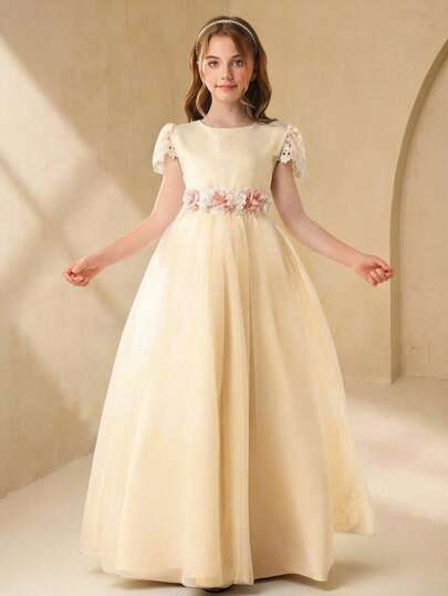 Elegant Flower Girl Lace Trim Waist Floral Mesh Maxi Dress, Fashionable Minimalist Sweet Party Gown For Tween Girls, Suitable For All Seasons, Wedding