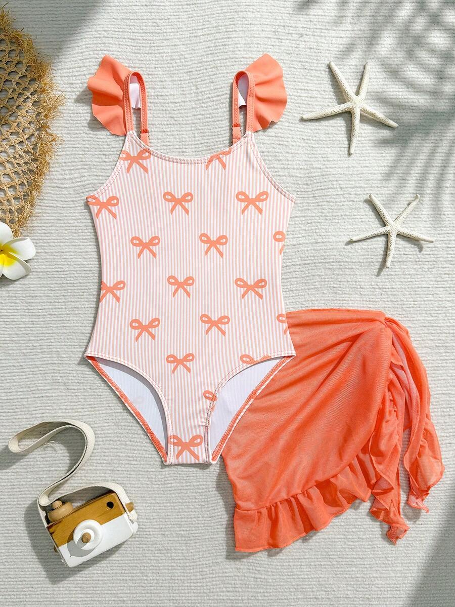 Young Girl One Piece Swimsuit Summer Beach Holiday Bow Print Ruffle Strap Bathing Suit With Mesh Wrap Skirt,High Elastic Breathable Kids Swimwear - Orange - View 1