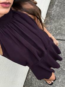 Aloruh Purple Sleeveless Waist Cinched Mini Dress, Elegant Solid Color Office Wear - Purple - View 7