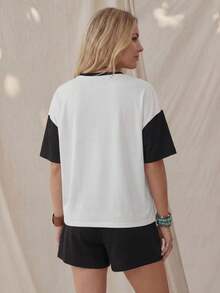 Wildy Women's 2-Piece Set White Black Autumn Casual Loungewear Boho Oversized T-Shirt Shorts Outfit Western Country Music Festival Wear Travel - Black and White - View 3