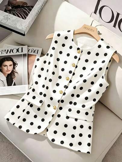 GlowEve CURVE Plus Size Women Round-Necked Fitted Sleeveless Suit Vest,Polka Dot Blazer Elegant Business Casual Blazer Spring/Summer Blazer