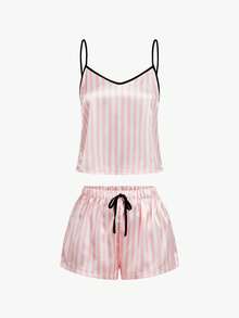 Bisouelle Striped Print Satin Cami Pajama Set Holiday Seasonfor Summer - Baby Pink - View 1
