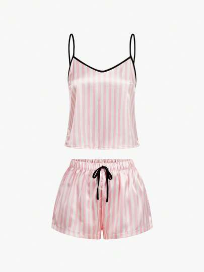 Bisouelle Striped Print Satin Cami Pajama Set Holiday Season