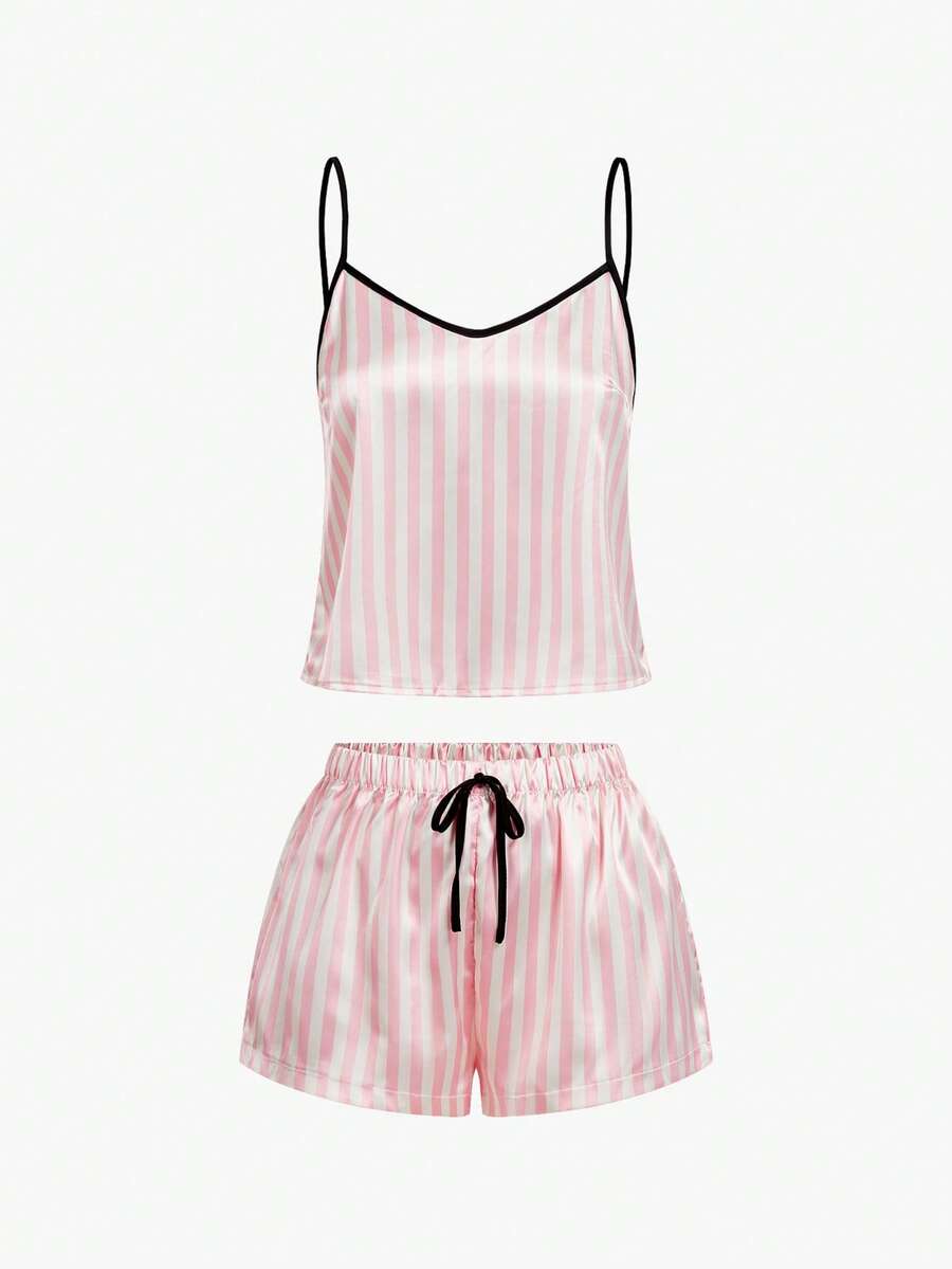 Bisouelle Striped Print Satin Cami Pajama Set Holiday Seasonfor Summer - Baby Pink - View 1