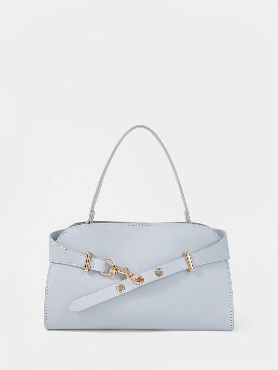 SHECARRY Bolso de mano para damas, elegante y exquisito para vacaciones, trabajo y viajes, de gran capacidad, con correa de hombro ajustable y detalles metálicos - Azul claro - Ver 1