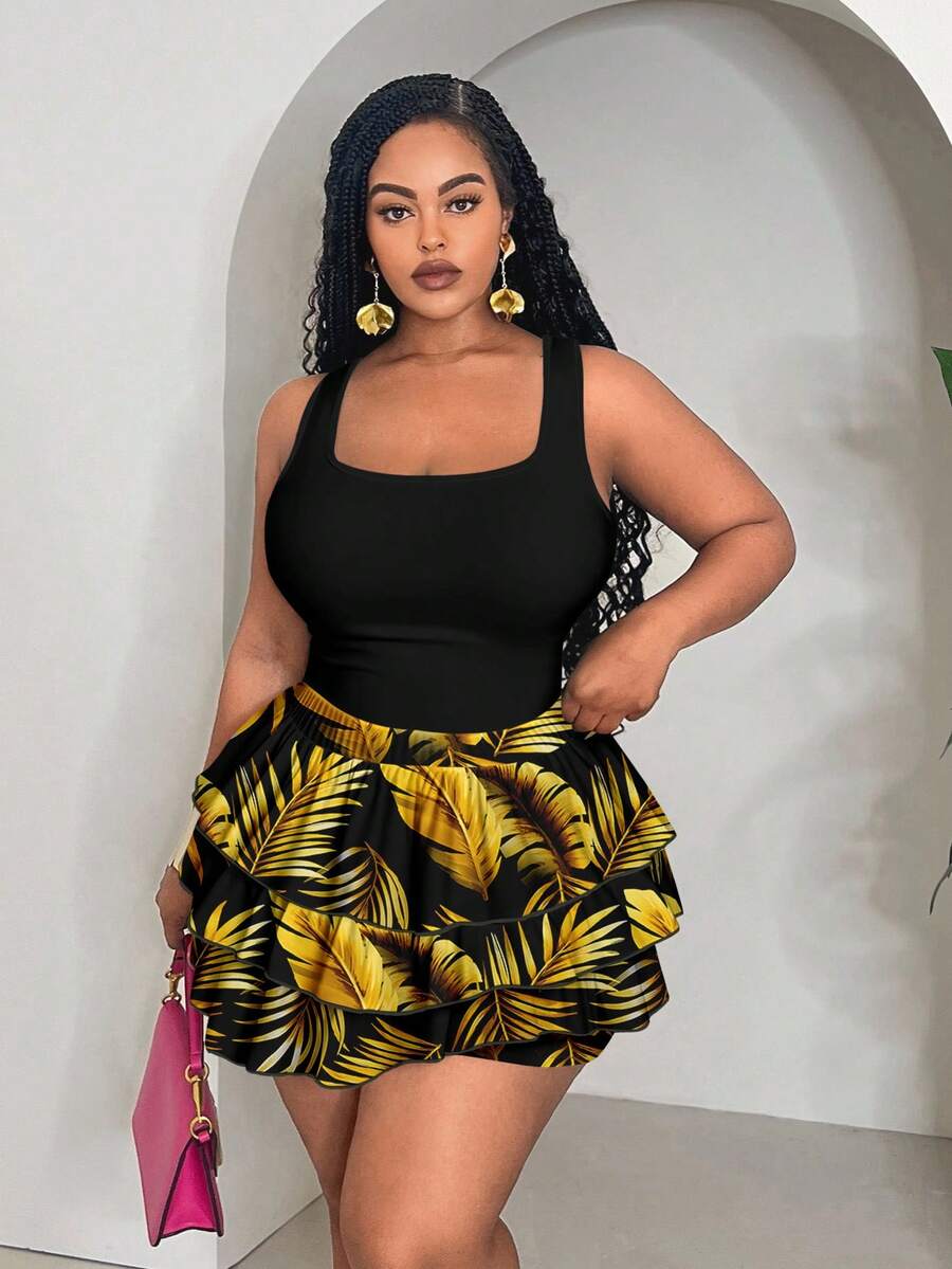 Slaydiva Plus Size Vacation Casual Solid Color Tank Top & Floral Print Layered Shorts 2 Piece Set - Multicolor - View 1