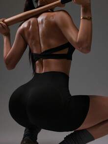 SHEIN Sports 女士高腰无缝运动短裤，适合日常健身 - 黑色 - 查看 3