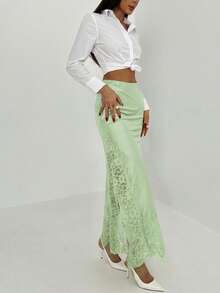Aloruh Women's Elegant Solid Color Lace Patchwork Skirt - Green - View 5