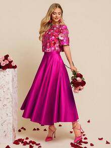 Amorya 女士春夏新款优雅高端刺绣上衣和A字裙两件套 - 玫紅色 - 查看 7