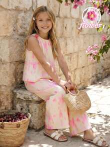 SHEIN Girls Pink Tie-Dye Sleeveless Shirt & Wide-Leg Pants Set,Cute Summer Matching Outfits For Kids,Family Vacation Stylish 2 Pcs Floral Co-Ords,Polyester - Pink - View 11