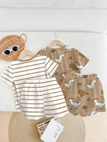 2pcs/Set Pastel Cartoon Dinosaur Print Loose Casual Pajamas, Suitable For Summer, Baby Boy Home Outfit - White - View 3