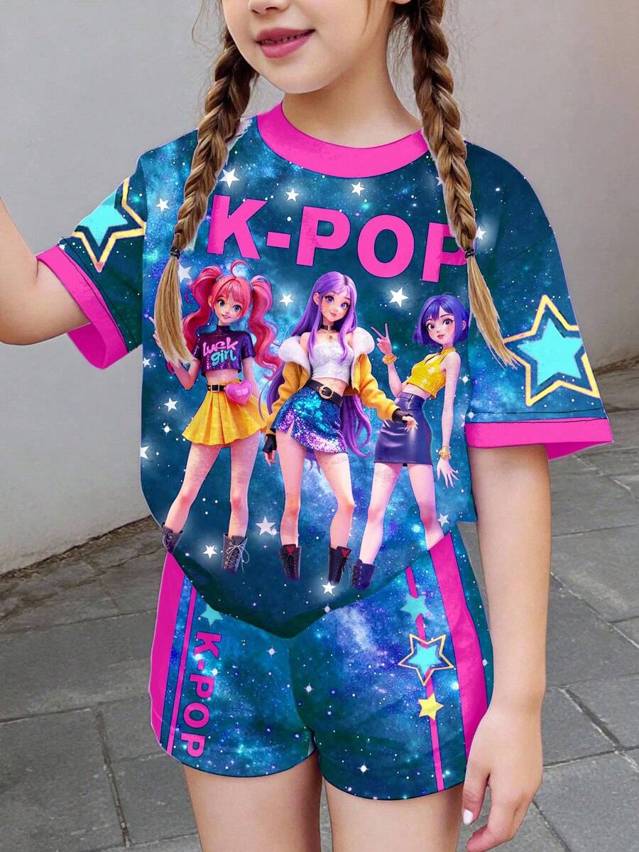 少女返校季卡通运动风粉蓝撞色短袖T恤短裤两件套,休闲简约风格,适合夏季、休闲、校园、户外野餐、街头风、居家穿着。 - 白色 - 查看 1
