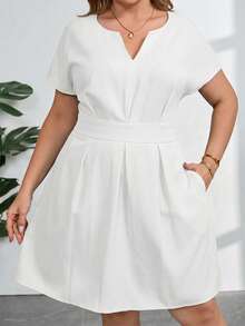 SHEIN Clasi Plus Size Solid Color Notched Neck Belted Elegant Summer Dress For Women - White - View 4