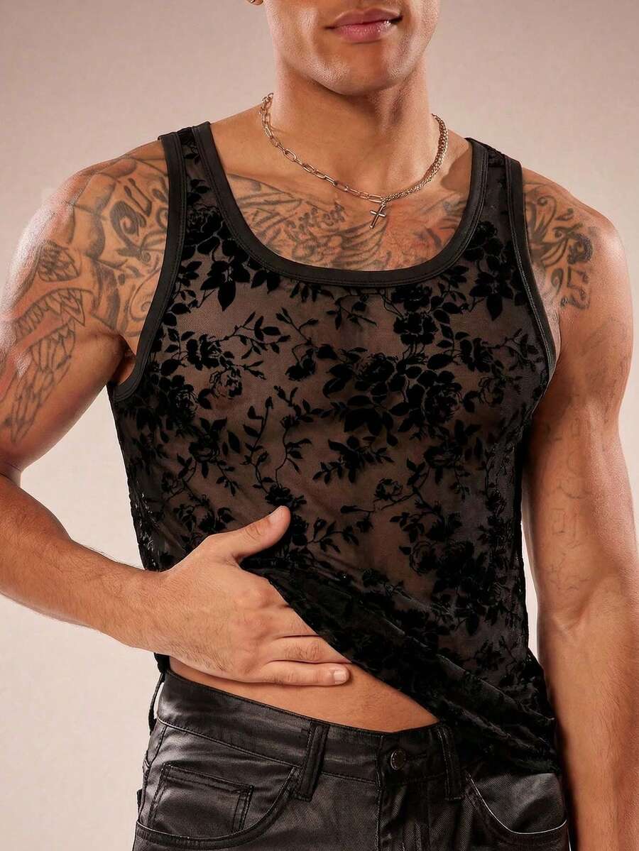 FeverCity Men's Flocked Mesh Round Neck Sleeveless Tank Top - Black - View 1